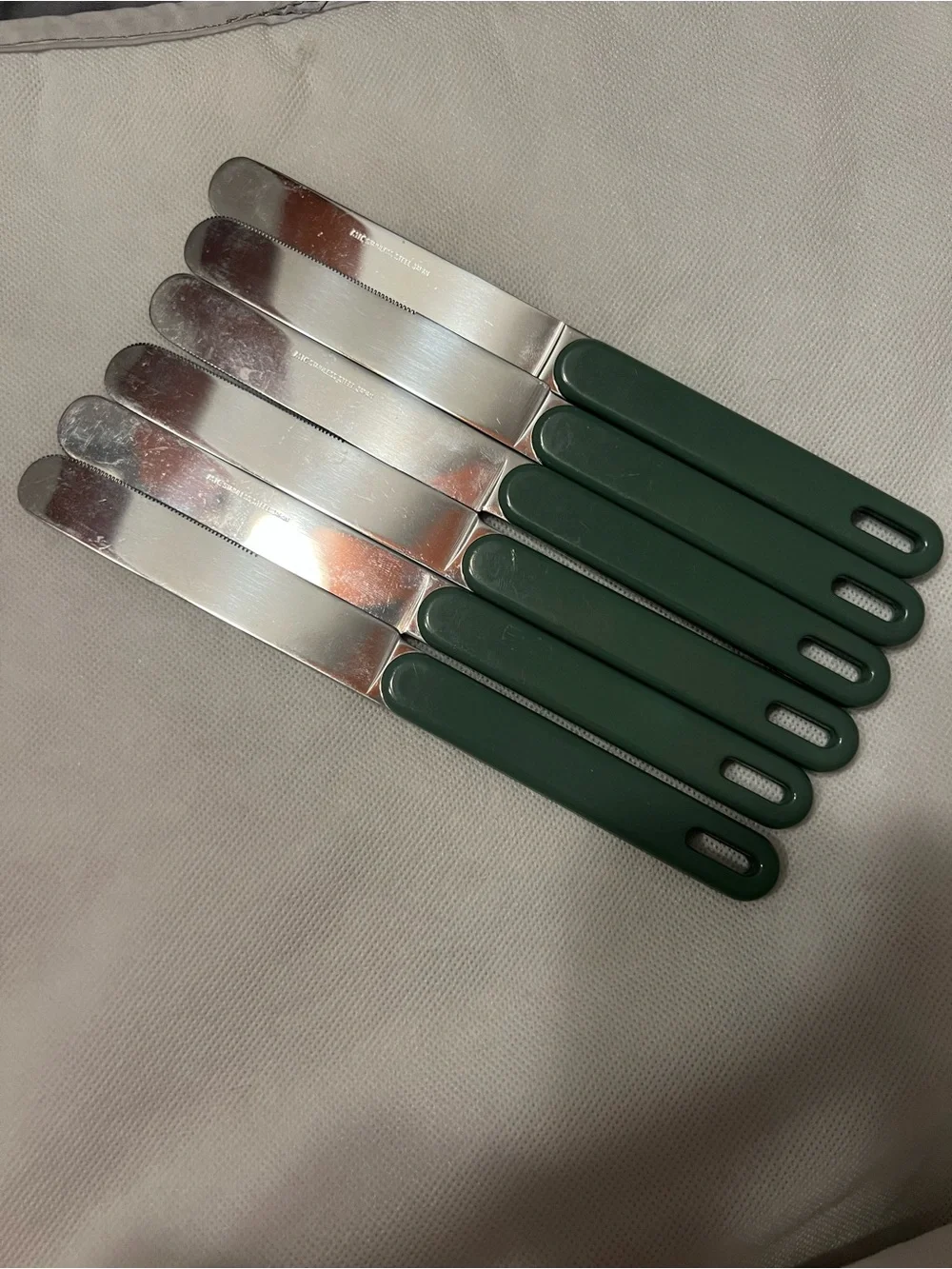 Vintage MIC Japan Green Handle Butter Knives Set of 6 Serrated Stainless Steel